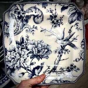 New 222 Fifth Adelaide Blue White Toile Square Salad Plates 8.5” Set of 4 Free S